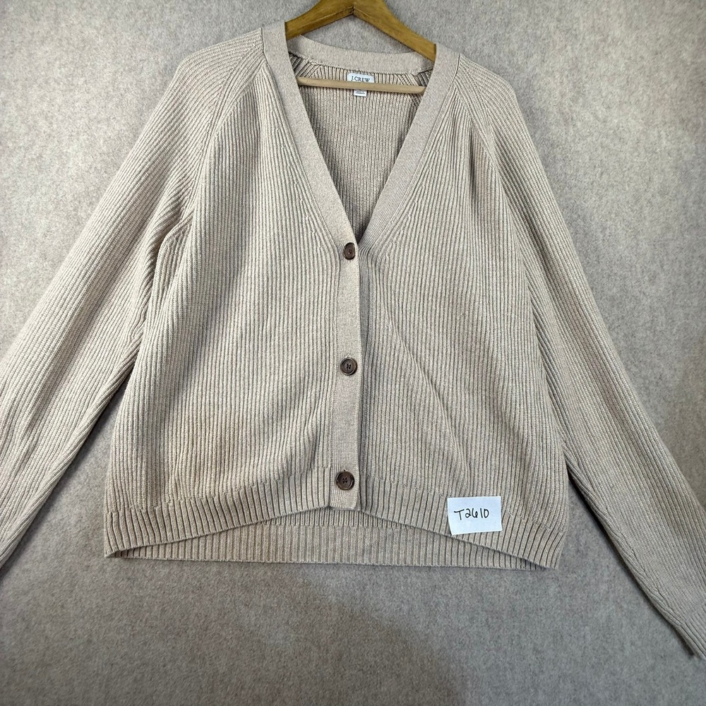 J.Crew Womens Large Beige Ribbed Knit V-Neck Button Front Cardigan Sweater
